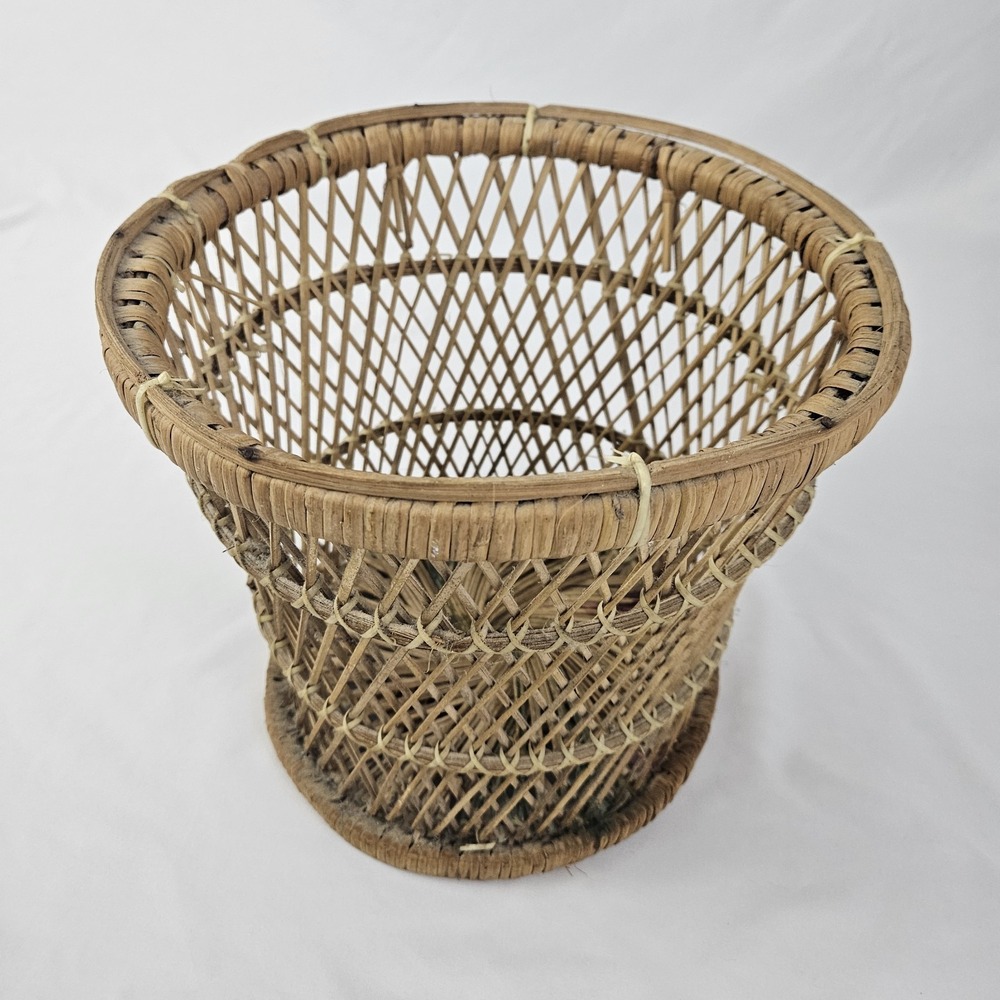 Vintage Boho Wicker Rattan Drum Planter Trash Can Mini Table Mid-Century Modern